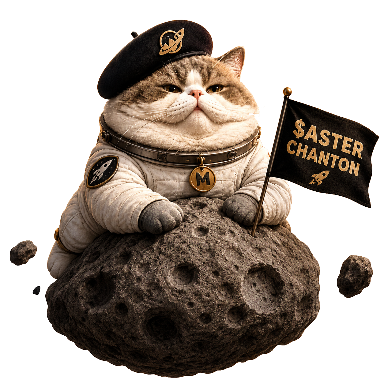 Chanton the chubby beret cat riding an asteroid through space
